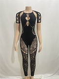 Women Short Sleeve Bodycon Jumpsuit Skinny Pink Mesh See Though RS-0026