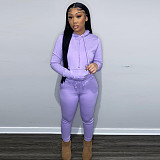 Solid Hooded Sweatshirt Drawstring Pants Set FSL-175