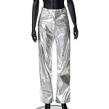 Woman Straight Pants Candy Color Zipper Button Casual PU Trousers RS-22PT500