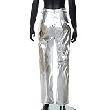 Woman Straight Pants Candy Color Zipper Button Casual PU Trousers RS-22PT500