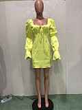 Women Summer Solid Color Square Collar Long Puff Sleeve Backless Party Club Slim Mini Dress BN-9292