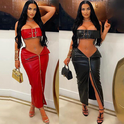 Sexy Strapless Metal Button Zipper Package Hips Long Skirts Sets NY-2832