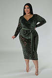 Large Size Women's V-neck Burn Flower Flocking Bodycon Long Dresses OSM-5504