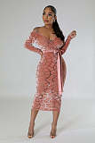 Large Size Women's V-neck Burn Flower Flocking Bodycon Long Dresses OSM-5504