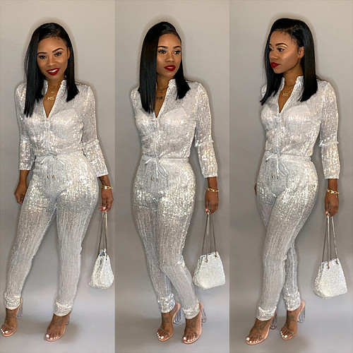 Autumn Women's Glitter Hot Stamping Zipper Long Sleeve Jumpsuit BN-9140