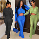 Solid Pleated Shirt Crop Tops+Wide Leg Pants Outfits BN-9408