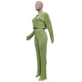 Solid Pleated Shirt Crop Tops+Wide Leg Pants Outfits BN-9408