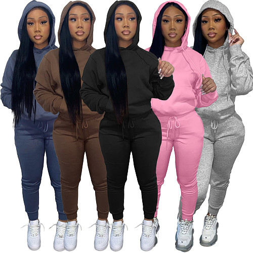 Solid Hooded Sweatshirt Drawstring Pants Set FSL-175