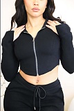 Solid Cropped Jacket Pockets Pants Tracksuits WSM-5355