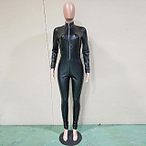 Shiny Pu Leather Zip Up Long Sleeve Bodycon Club Jumpsuit BN-9137