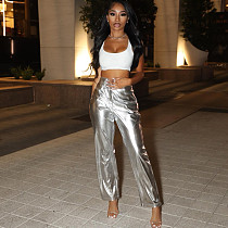 Woman Straight Pants Candy Color Zipper Button Casual PU Trousers RS-22PT500