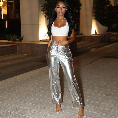 Woman Straight Pants Candy Color Zipper Button Casual PU Trousers RS-22PT500