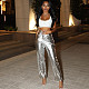 Woman Straight Pants Candy Color Zipper Button Casual PU Trousers RS-22PT500