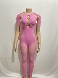 Women Short Sleeve Bodycon Jumpsuit Skinny Pink Mesh See Though RS-0026