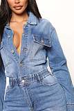 2023 Long Sleeve High Street Blue Denim Jumpsuit LX-3539