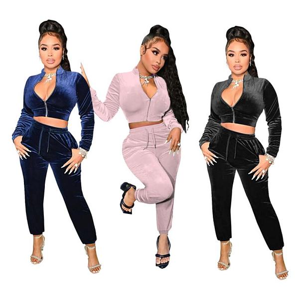 Velvet Zip Up Jacket Crop Top Pencil Pants Outfits FOS-8316