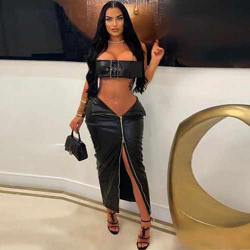 Sexy Strapless Metal Button Zipper Package Hips Long Skirts Sets NY-2832
