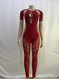 Women Short Sleeve Bodycon Jumpsuit Skinny Pink Mesh See Though RS-0026