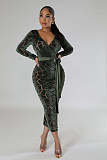 Large Size Women's V-neck Burn Flower Flocking Bodycon Long Dresses OSM-5504