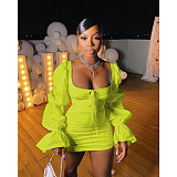 Women Summer Solid Color Square Collar Long Puff Sleeve Backless Party Club Slim Mini Dress BN-9292