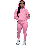 Solid Hooded Sweatshirt Drawstring Pants Set FSL-175