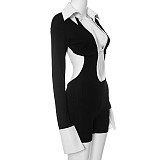 Sexy Hollow Out Polo Collar Long Sleeves Backless Bodycon Romper RS-D23RP275