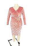 Large Size Women's V-neck Burn Flower Flocking Bodycon Long Dresses OSM-5504