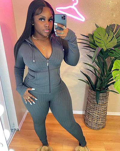 Knitted Women Hooded Zipper Jacket Skinny Pants Set FSL-180