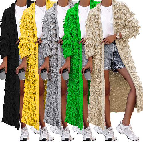 Women Solid Color Knitted Tassel Long Coat TR-1282