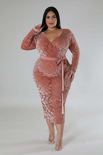 Large Size Women's V-neck Burn Flower Flocking Bodycon Long Dresses OSM-5504