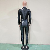 Shiny Pu Leather Zip Up Long Sleeve Bodycon Club Jumpsuit BN-9137