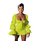 Women Summer Solid Color Square Collar Long Puff Sleeve Backless Party Club Slim Mini Dress BN-9292