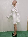 Women Summer Solid Color Square Collar Long Puff Sleeve Backless Party Club Slim Mini Dress BN-9292