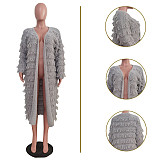 Women Solid Color Knitted Tassel Long Coat TR-1282