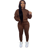 Solid Hooded Sweatshirt Drawstring Pants Set FSL-175