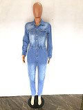 2023 Long Sleeve High Street Blue Denim Jumpsuit LX-3539