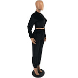Velvet Zip Up Jacket Crop Top Pencil Pants Outfits FOS-8316