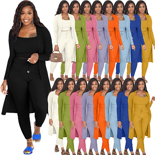 Women Autumn Long Cloak + Sling Top+Pant Solid Color 3-Piece Set JR-3704