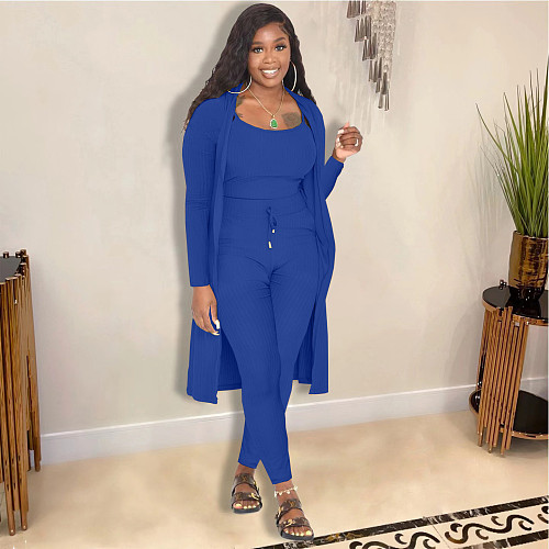 Women Autumn Long Cloak + Sling Top+Pant Solid Color 3-Piece Set JR-3704