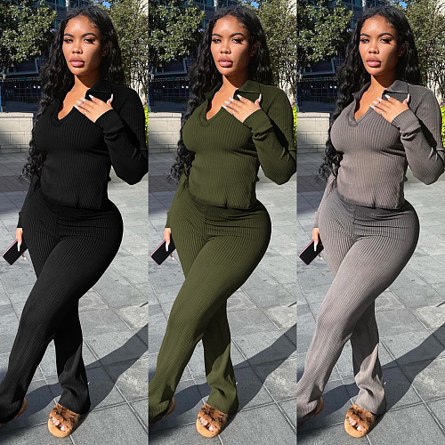 Solid Knitted Long Sleeve T Shirt Pants Set MEY-20783