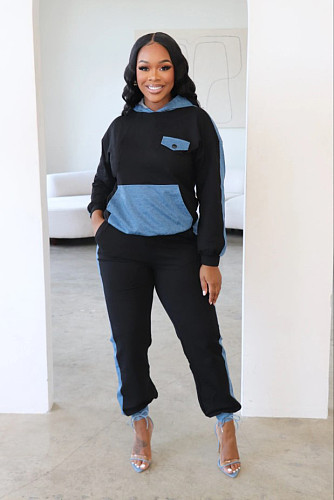 Denim Nude Hoodies Drawstring Pockets Jogger Set RC-3232