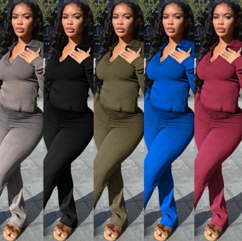 Solid Knitted Long Sleeve T Shirt Pants Set MEY-20783