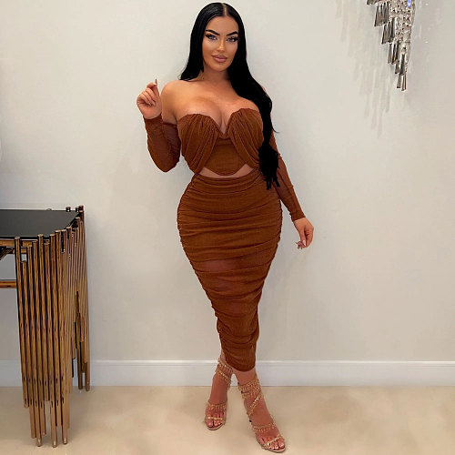 Sexy Strapless Plicated Long Skirt Nightclub 2 Piece Sets NTY-7346