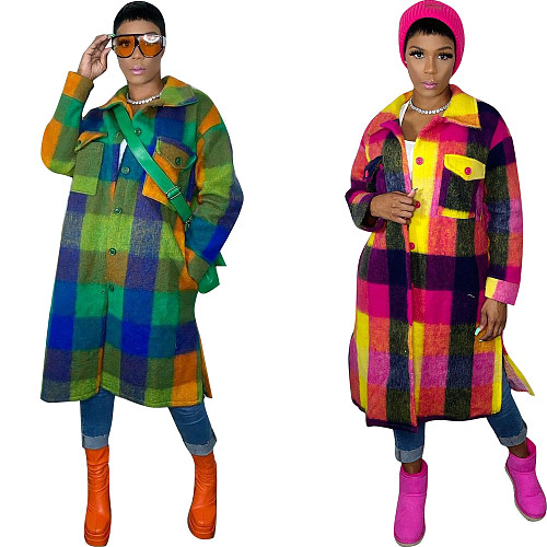 Plaid Lapel Single-breasted Woolen Long Coat HMS-5528