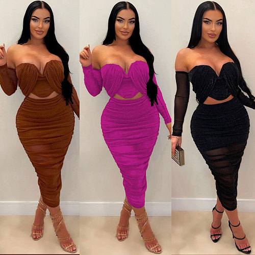 Sexy Strapless Plicated Long Skirt Nightclub 2 Piece Sets NTY-7346