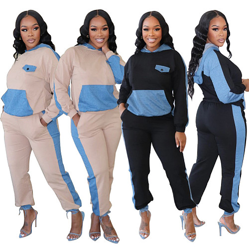 Denim Nude Hoodies Drawstring Pockets Jogger Set RC-3232