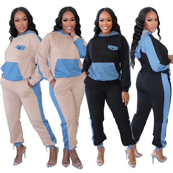Denim Nude Hoodies Drawstring Pockets Jogger Set RC-3232