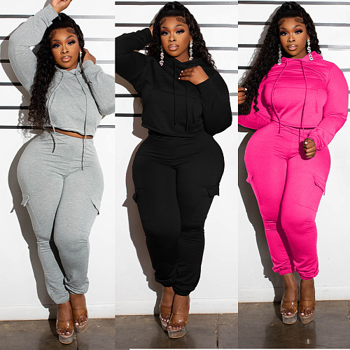 Solid Plush Hooded 2 Piece Set Fall Women Clothing YNS-2621