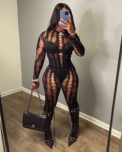 Black Mesh Transparent Hollow Out Sexy Two Pieces Sets RS-6674