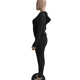 Solid Hooded Zip Sweatshirt Top Drawstring Pants Set MEHQ-1152